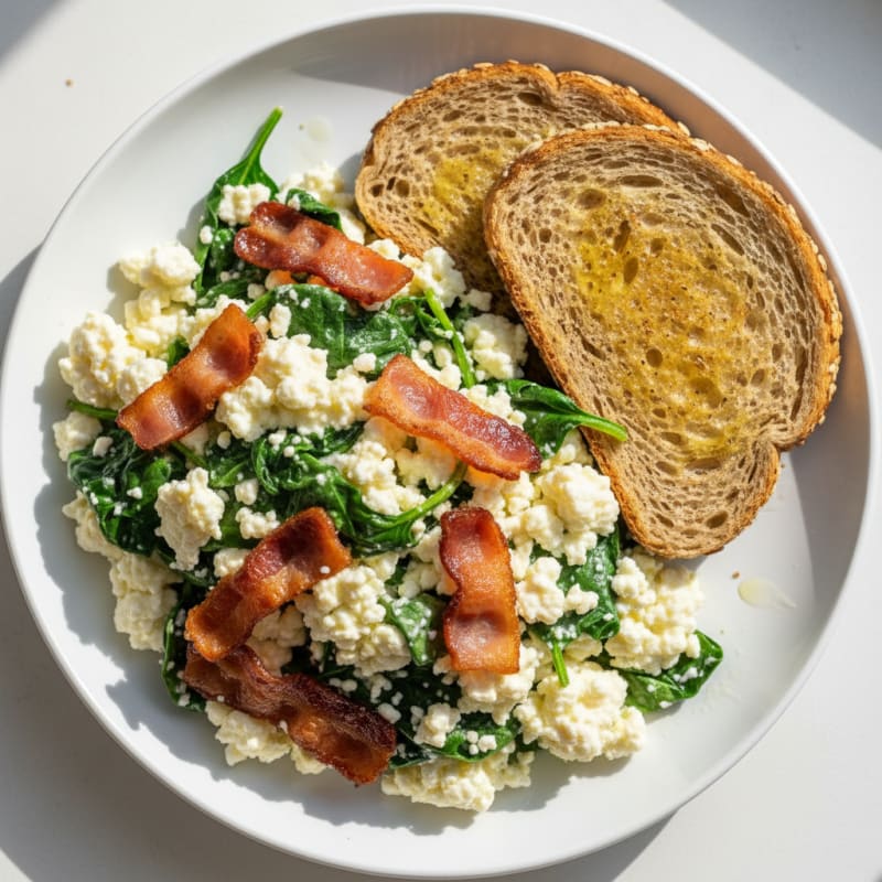 Cottage Cheese Scramble with Spinach and Turkey Bacon