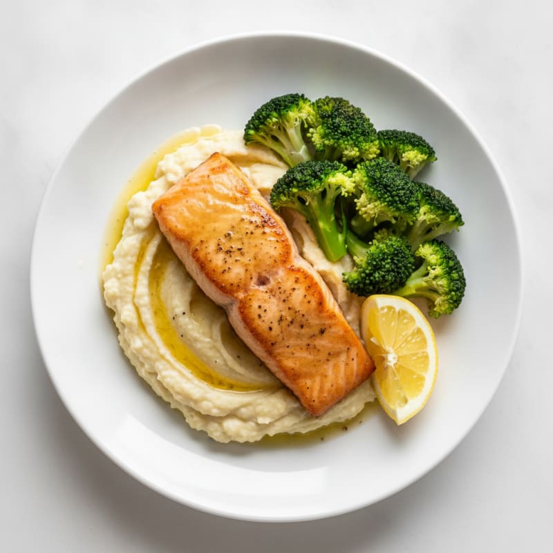 Seared Salmon Fillet with Steamed Broccoli and Garlic Cauliflower Mash