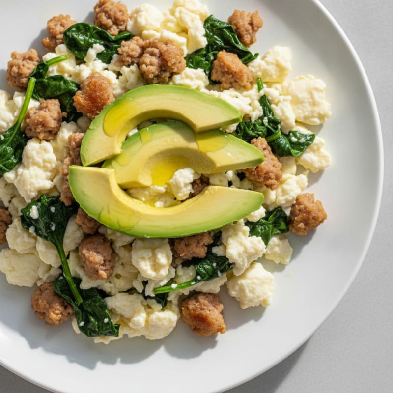 Egg White and Turkey Sausage Scramble with Sautéed Spinach