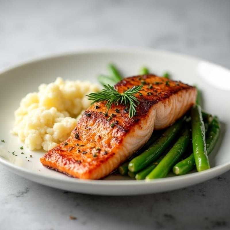 Seared Salmon with Garlic Green Beans and Mashed Cauliflower