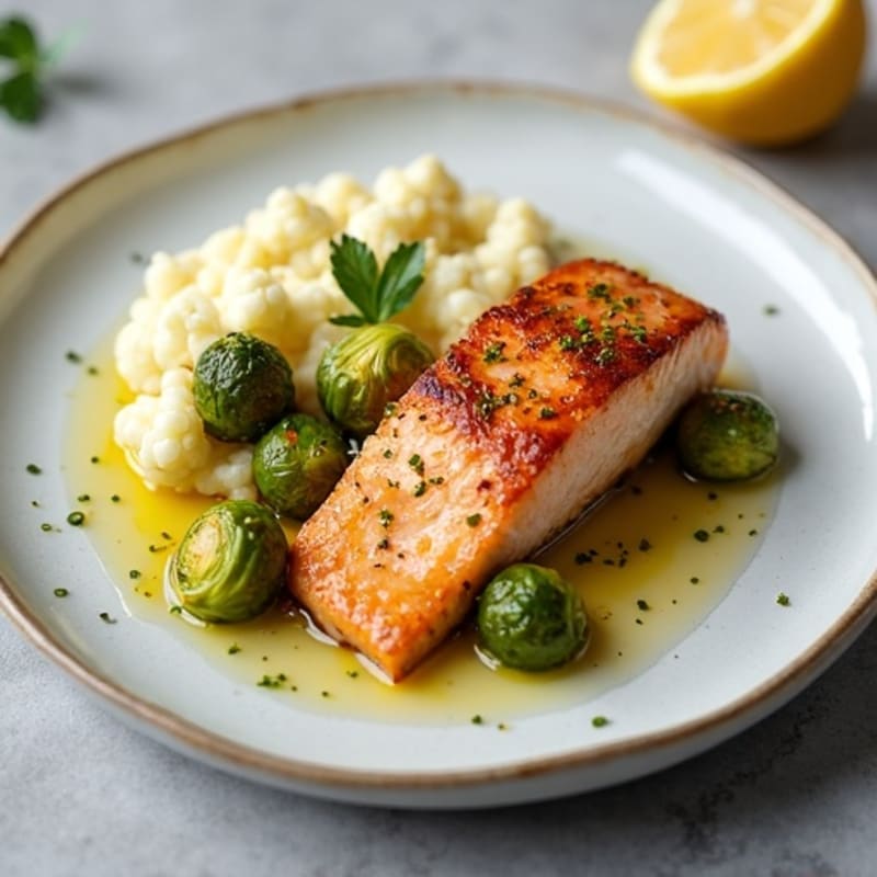 Seared Salmon with Roasted Brussels Sprouts and Cauliflower Mash