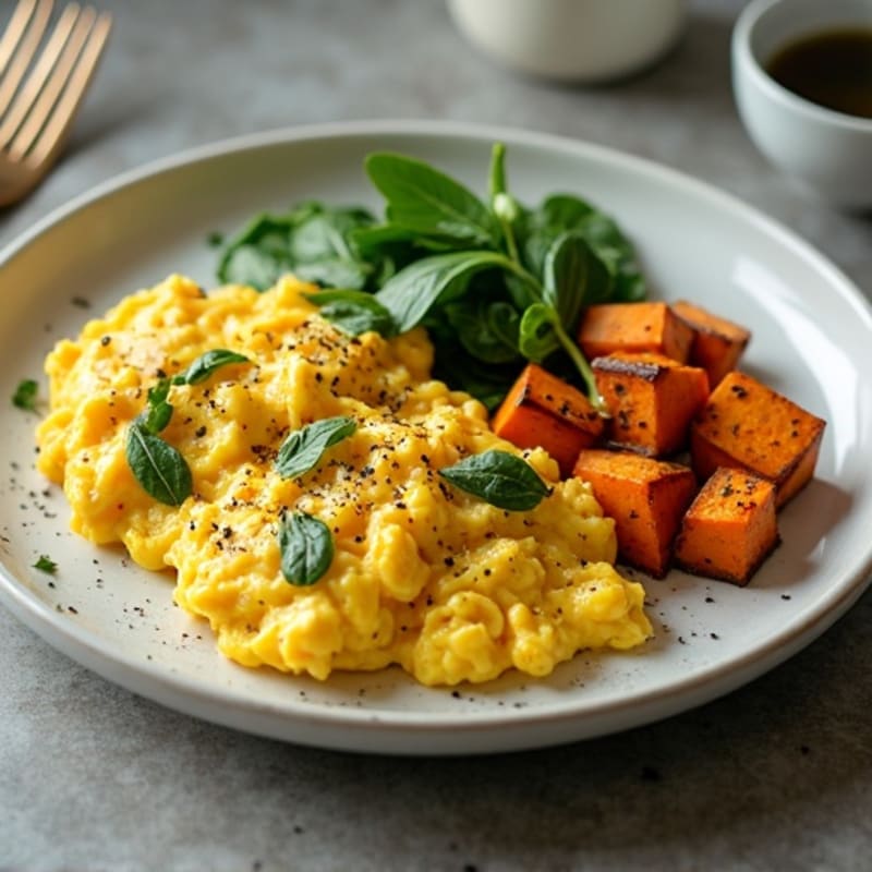 Creamy Scrambled Eggs with Fresh Spinach and Roasted Sweet Potatoes