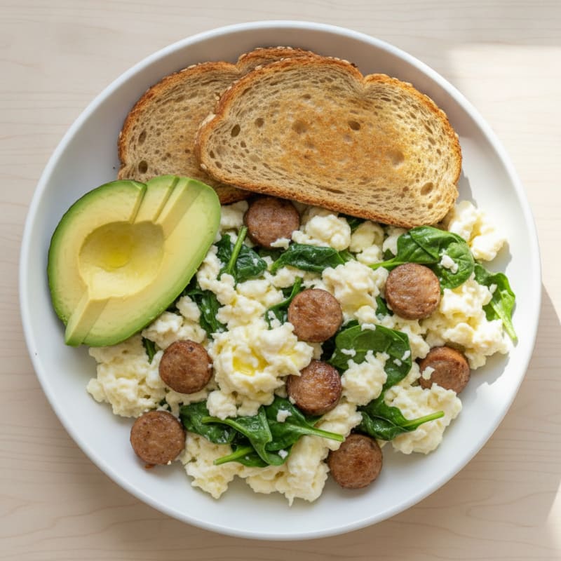 Egg White and Spinach Scramble with Turkey Sausage