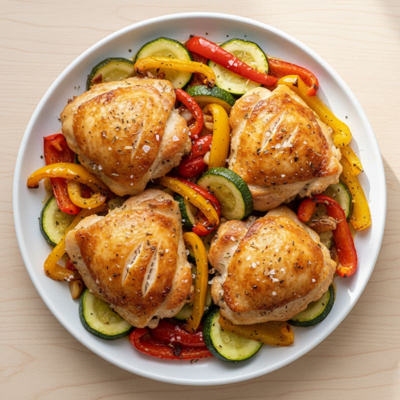 Sheet Pan Baked Chicken Thighs with Roasted Zucchini and Bell Peppers