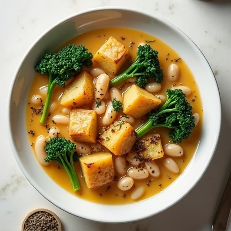 Creamy White Bean Stew with Leafy Greens and Roasted Potatoes