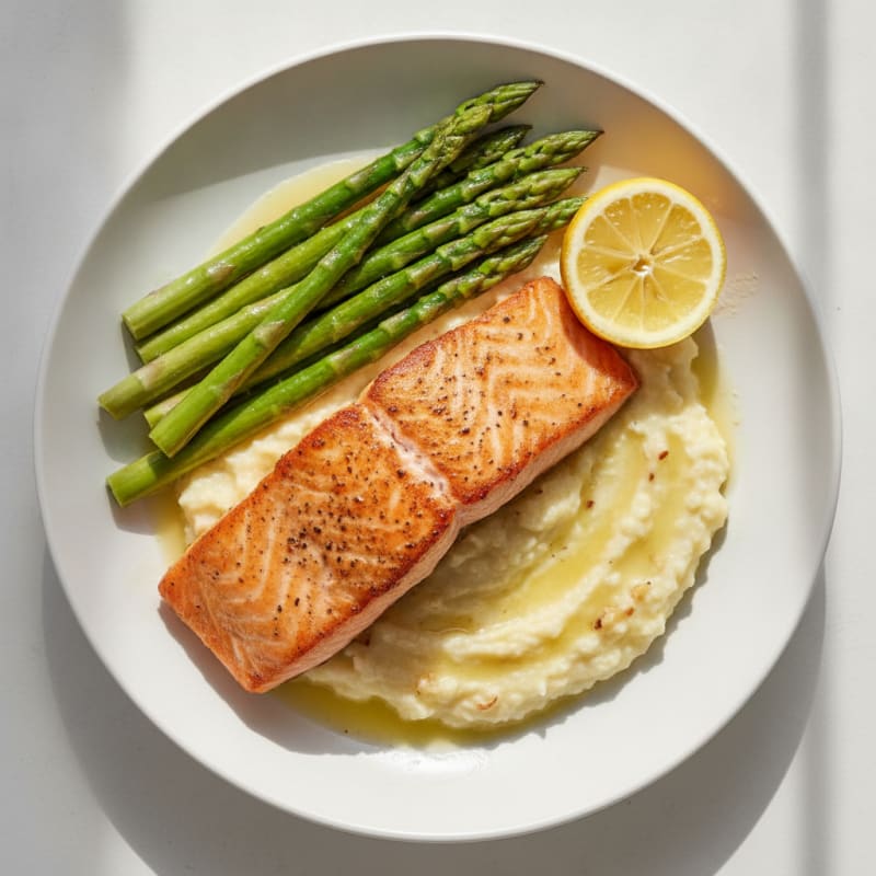 Seared Salmon with Steamed Asparagus and Garlic Cauliflower Mash