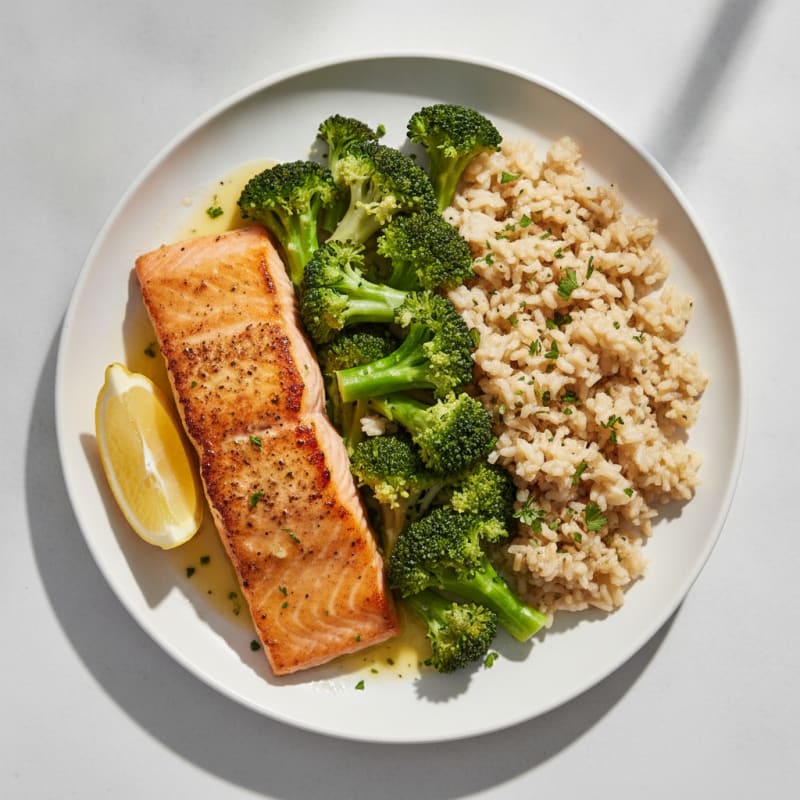 Pan-Seared Salmon with Steamed Broccoli and Herb Rice