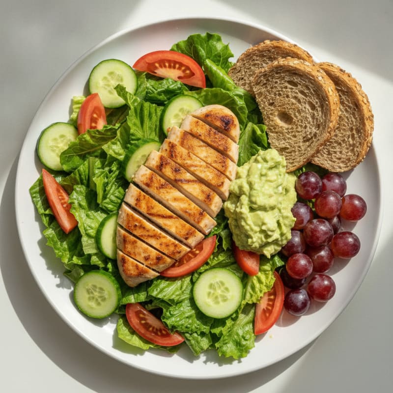 Grilled Chicken and Avocado Salad with Lettuce, Tomato, and Cucumber