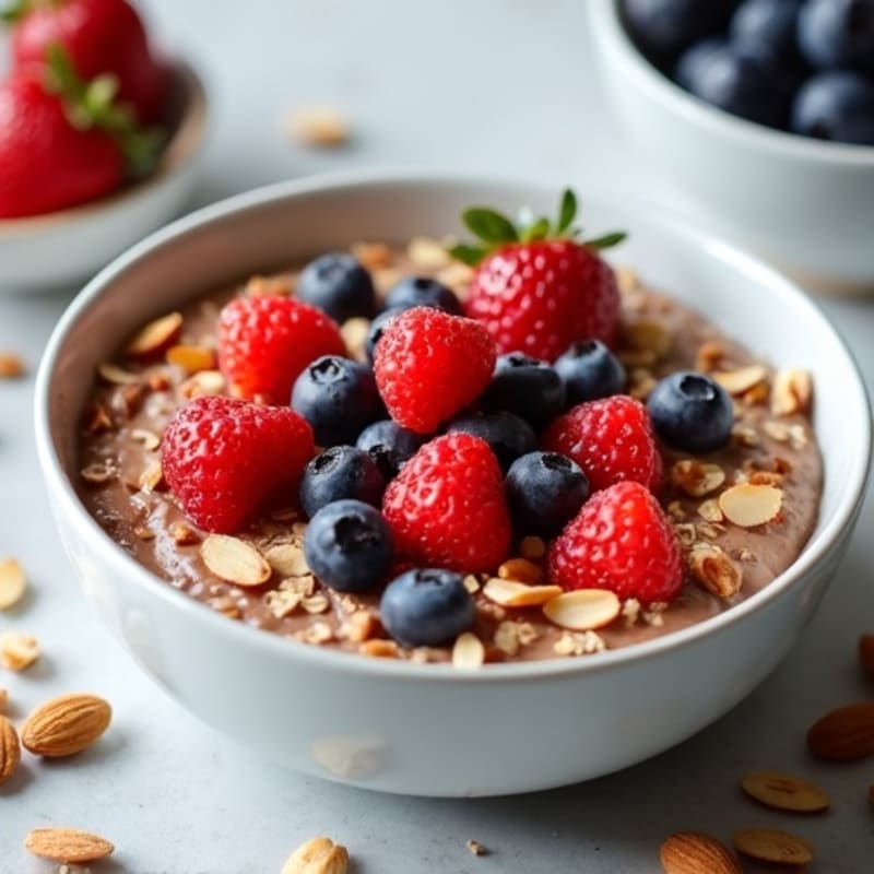 Creamy Chocolate Protein Oatmeal with Fresh Berries and Crunchy Almonds