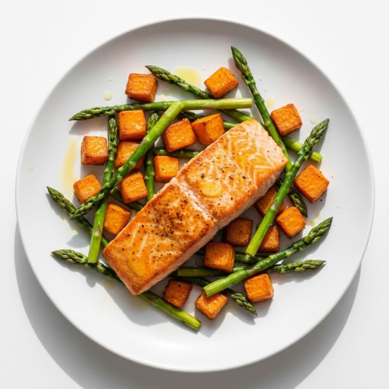 Seared Salmon with Roasted Sweet Potatoes and Asparagus