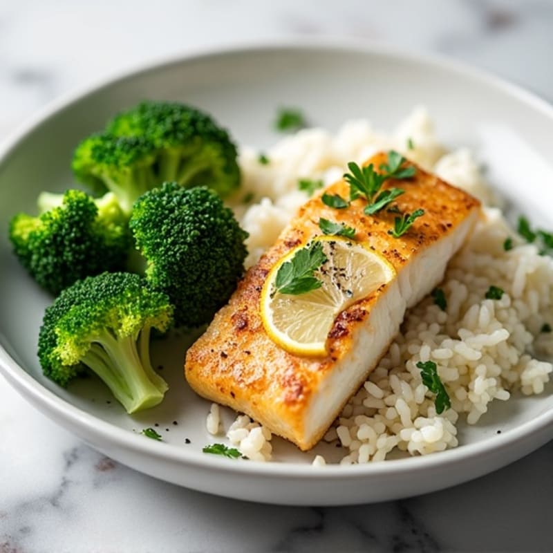 Seared Fish Fillet with Herbed Rice and Steamed Broccoli
