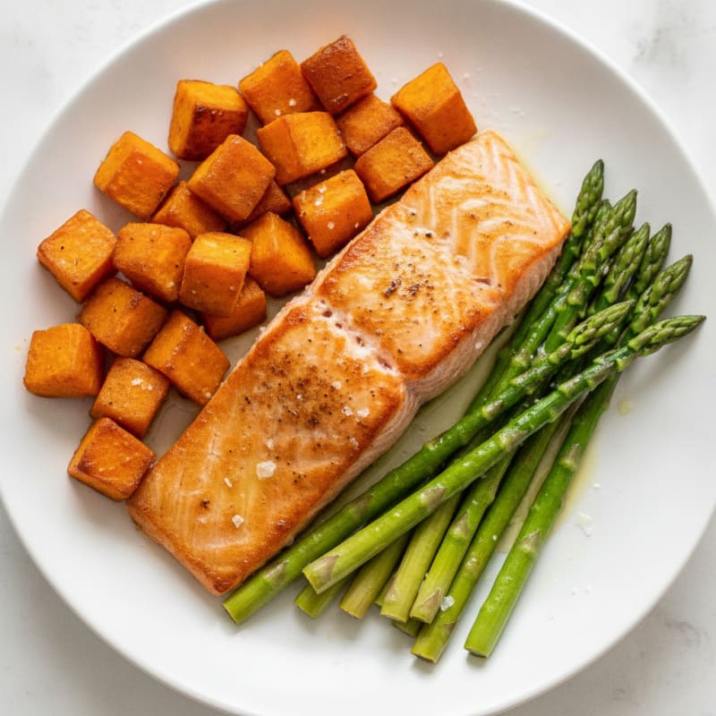 Seared Salmon with Roasted Sweet Potatoes and Asparagus