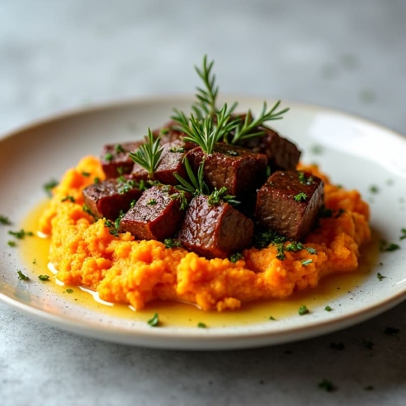 Garlic-Herb Beef Tips with Roasted Sweet Potato Mash