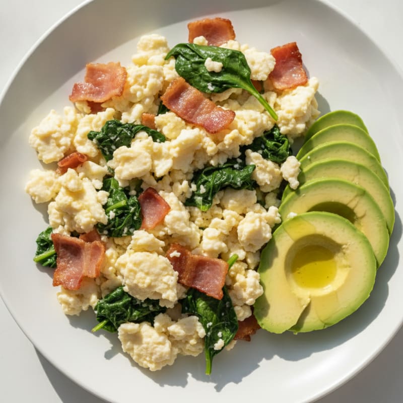 Crispy Turkey Bacon and Egg White Scramble with Sautéed Spinach