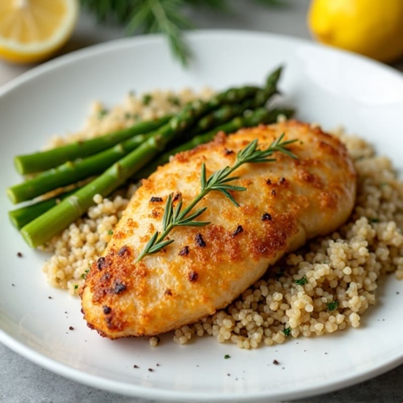 Crispy Lemon-Herb Chicken with Roasted Asparagus and Quinoa
