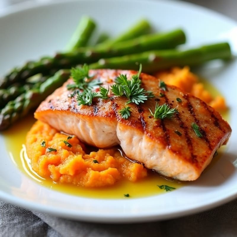 Seared Salmon Fillet with Steamed Asparagus and Sweet Potato Mash