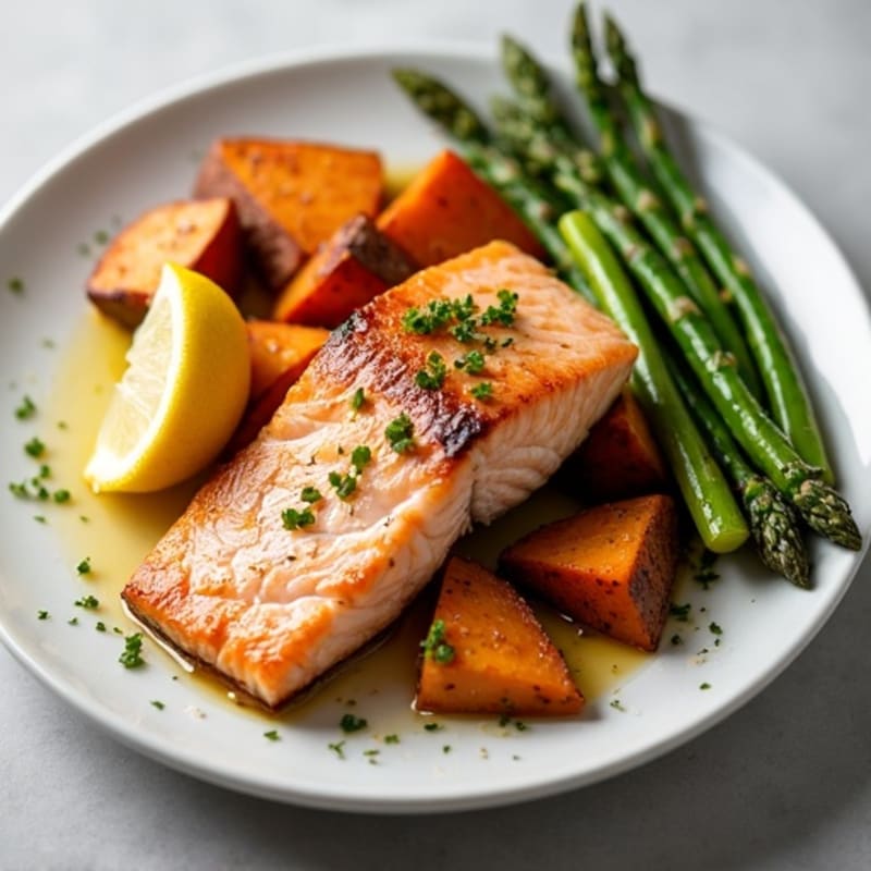 Seared Salmon with Roasted Sweet Potatoes and Asparagus