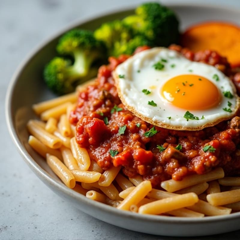 Pasta with Lean Beef Mince, Tomato Sauce, and Roasted Broccoli with Sweet Potato & Egg