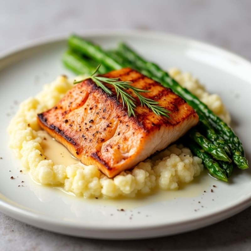 Seared Salmon with Steamed Asparagus and Cauliflower Mash