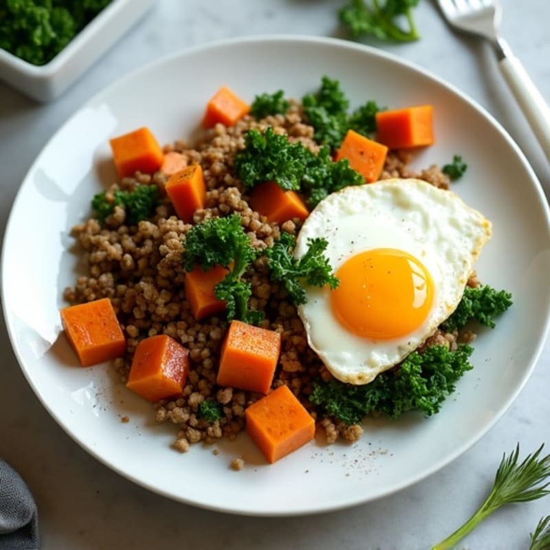 Sweet Potato and Ground Turkey Hash with Crispy Kale