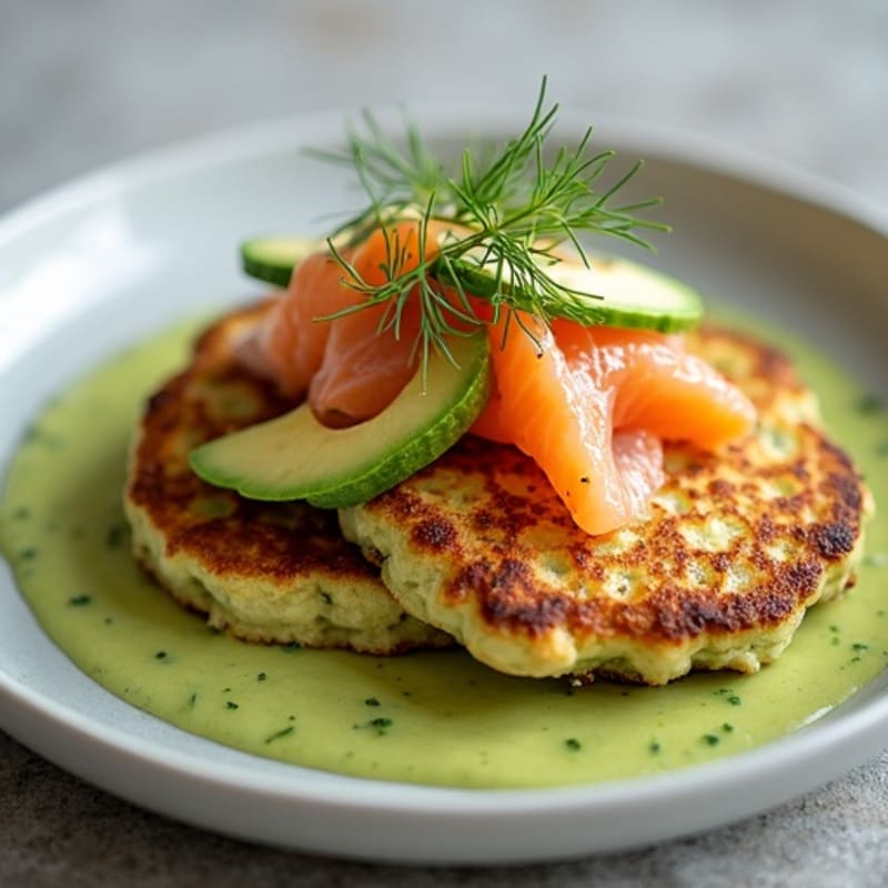 Savory Zucchini Fritters with Creamy Avocado Dill Sauce and Flaked Salmon