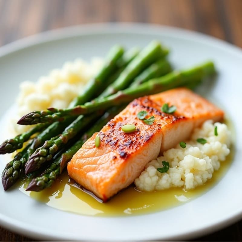 Seared Salmon with Steamed Asparagus and Cauliflower Mash