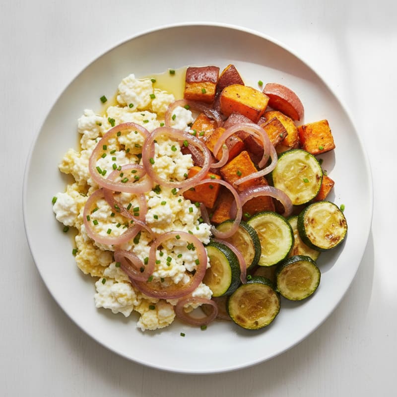 Cottage Cheese and Egg Scramble with Roasted Sweet Potato and Zucchini