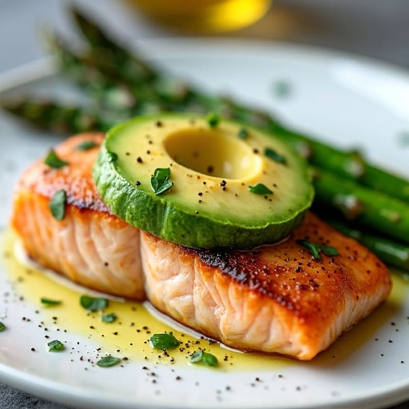 Pan-Seared Salmon with Creamy Avocado and Roasted Asparagus