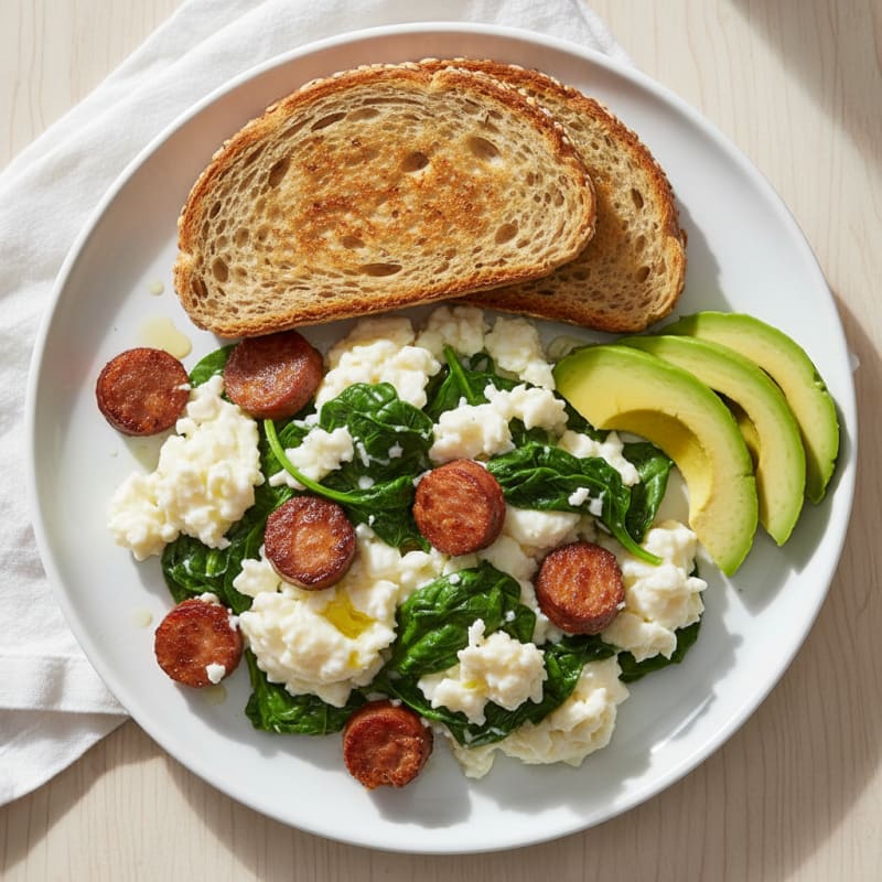 Egg White Spinach Scramble with Turkey Sausage