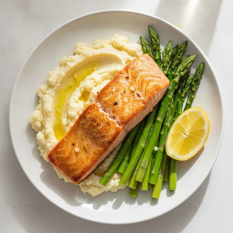 Seared Salmon with Steamed Asparagus and Garlic Mashed Cauliflower