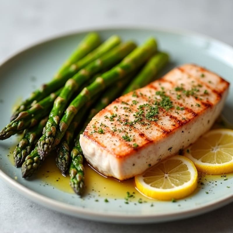 Pan-Seared Tuna Steak with Roasted Asparagus and Lemon