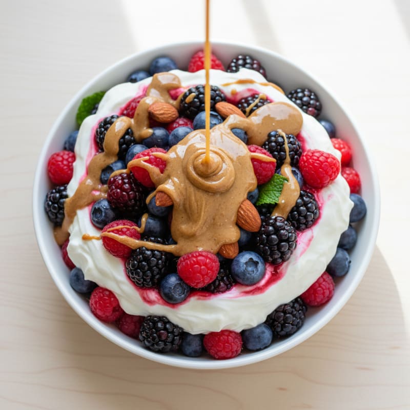 Greek Yogurt Protein Parfait with Mixed Berries and Almond Butter