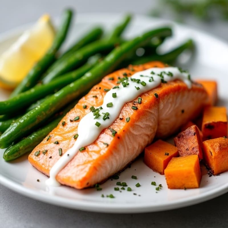 Pan Seared Salmon with Garlic Green Beans and Roasted Sweet Potato
