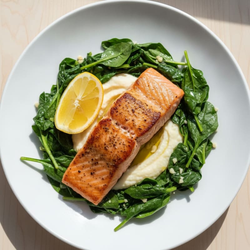 Seared Salmon Fillet with Garlic Spinach and Cauliflower Mash