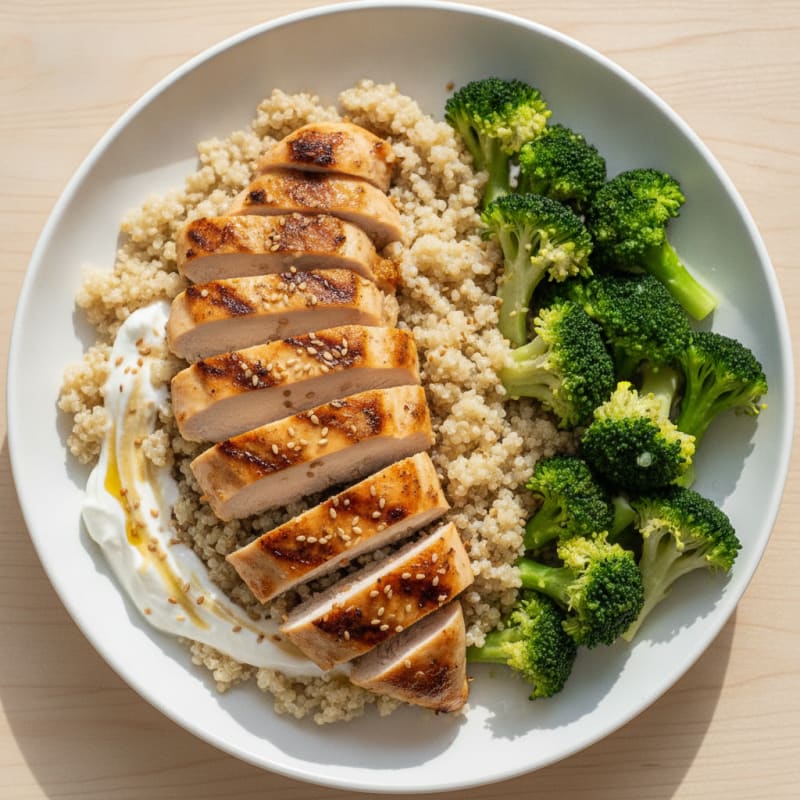 Grilled Chicken Breast with Creamy Quinoa and Steamed Broccoli