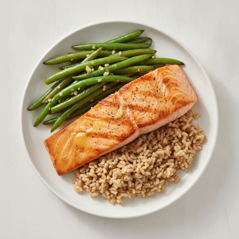 Seared Salmon with Garlic Green Beans and Brown Rice