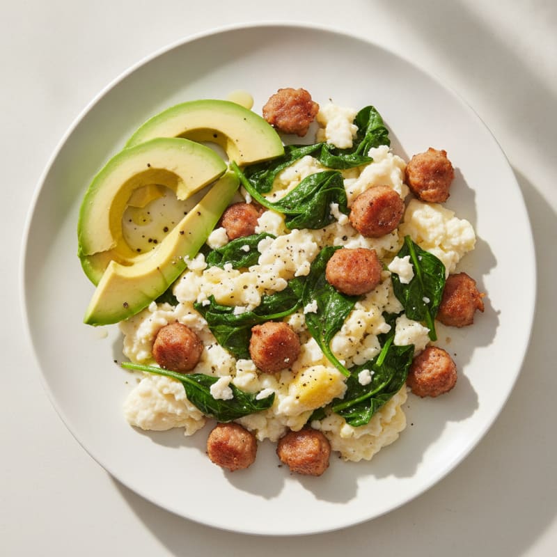 Egg White Scramble with Turkey Sausage and Sautéed Spinach