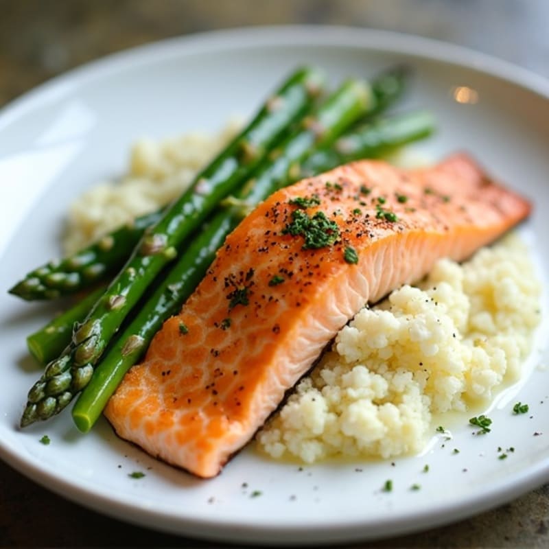 Seared Salmon with Steamed Asparagus and Cauliflower Mash