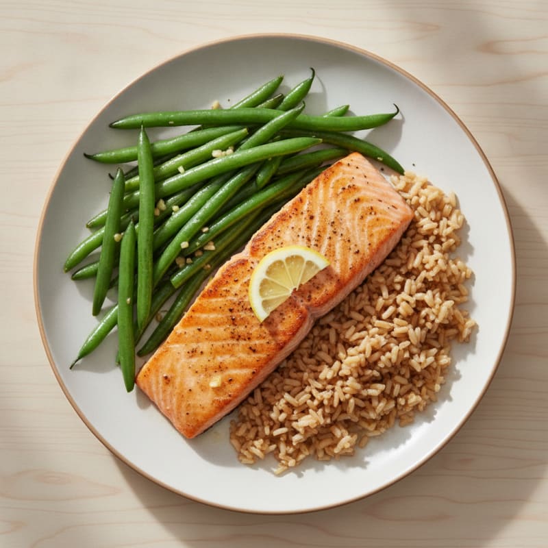 Seared Salmon with Garlic Green Beans and Brown Rice