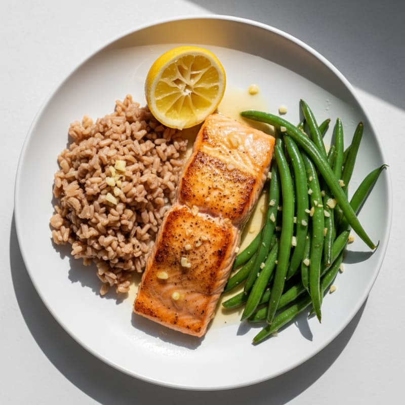 Seared Salmon Fillet with Garlic Green Beans and Brown Rice