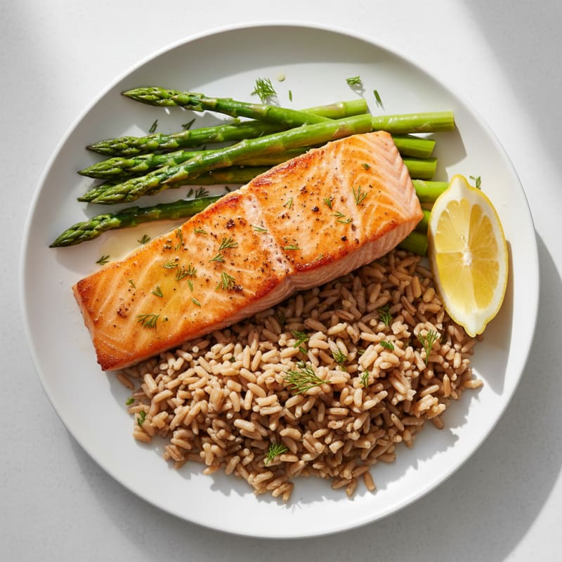 Seared Salmon with Steamed Asparagus and Brown Rice