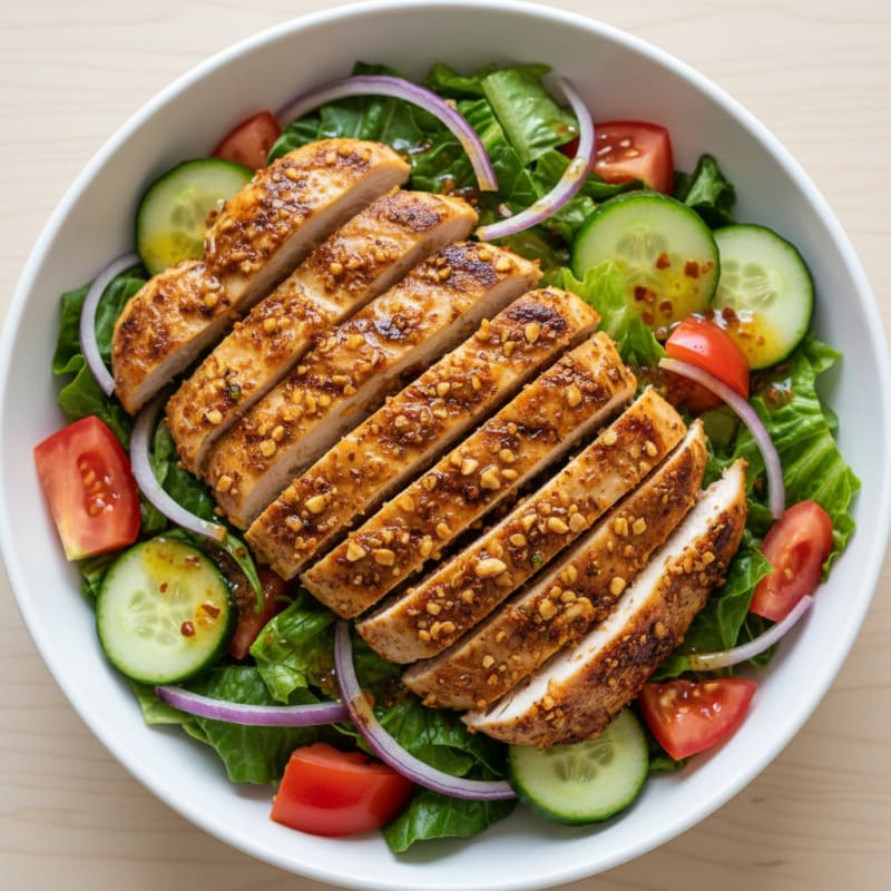 Grilled Chicken Suya Salad with Tomatoes and Cucumber