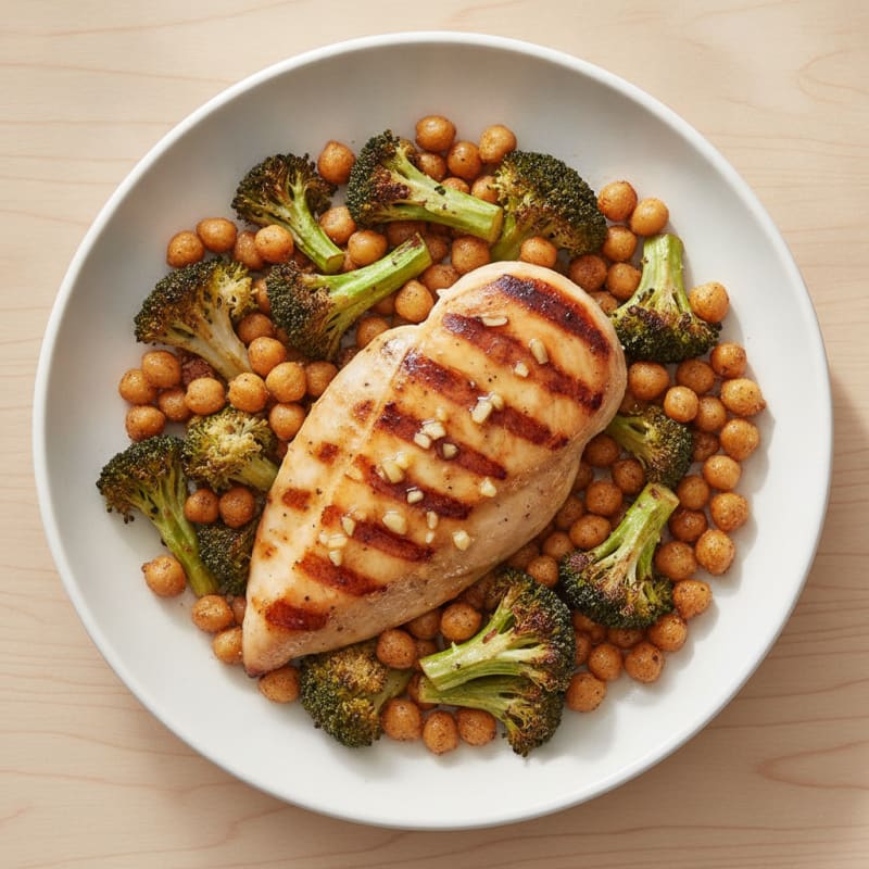 Grilled Lemon-Garlic Chicken Breast with Roasted Broccoli and Chickpeas