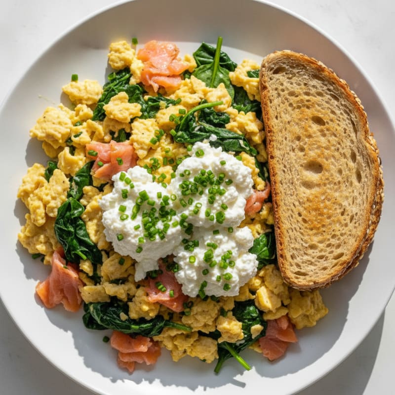 Smoked Salmon Scramble with Spinach and Cottage Cheese