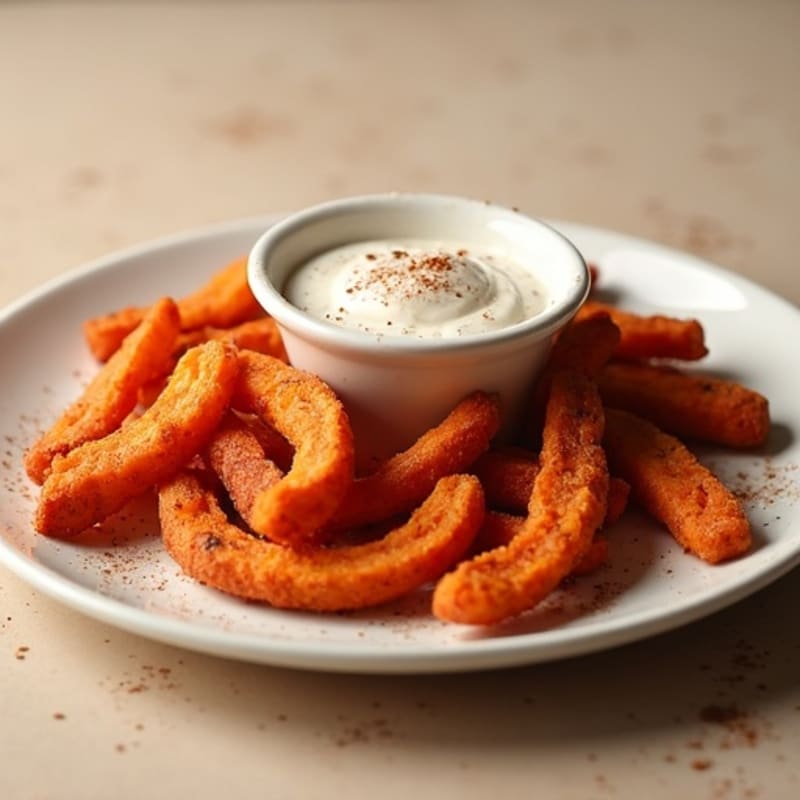 Cinnamon Sugar Crispy Sweet Potato Fries with Creamy Protein Dip