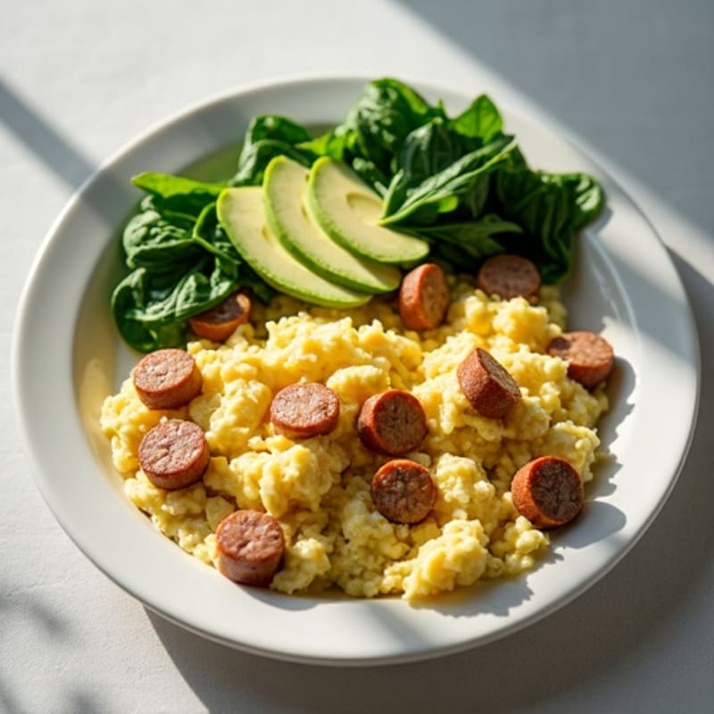 Egg White and Chicken Sausage Scramble with Sautéed Spinach