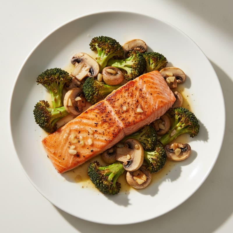 Seared Salmon Filet with Roasted Broccoli and Garlic Mushrooms