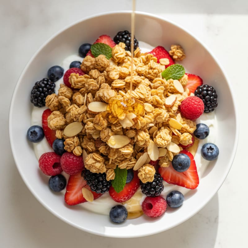 Greek Yogurt Parfait with Crunchy Almond Granola and Mixed Berries