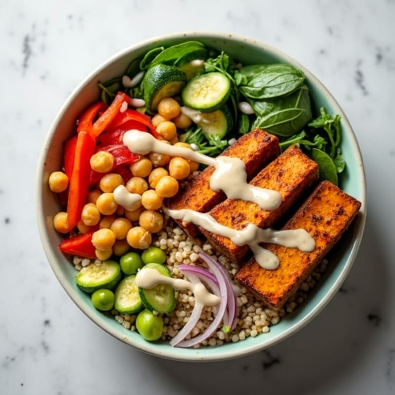 Crispy Chickpea and Roasted Vegetable Buddha Bowl with Creamy Lemon-Tahini Dressing