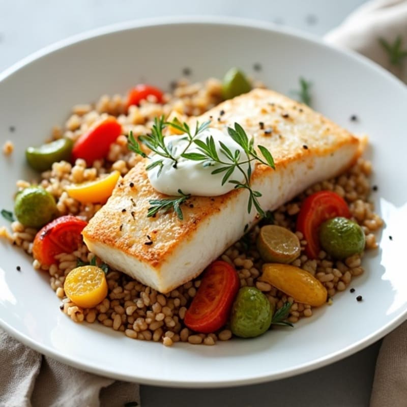 Seared Fish with Roasted Vegetables and Brown Rice